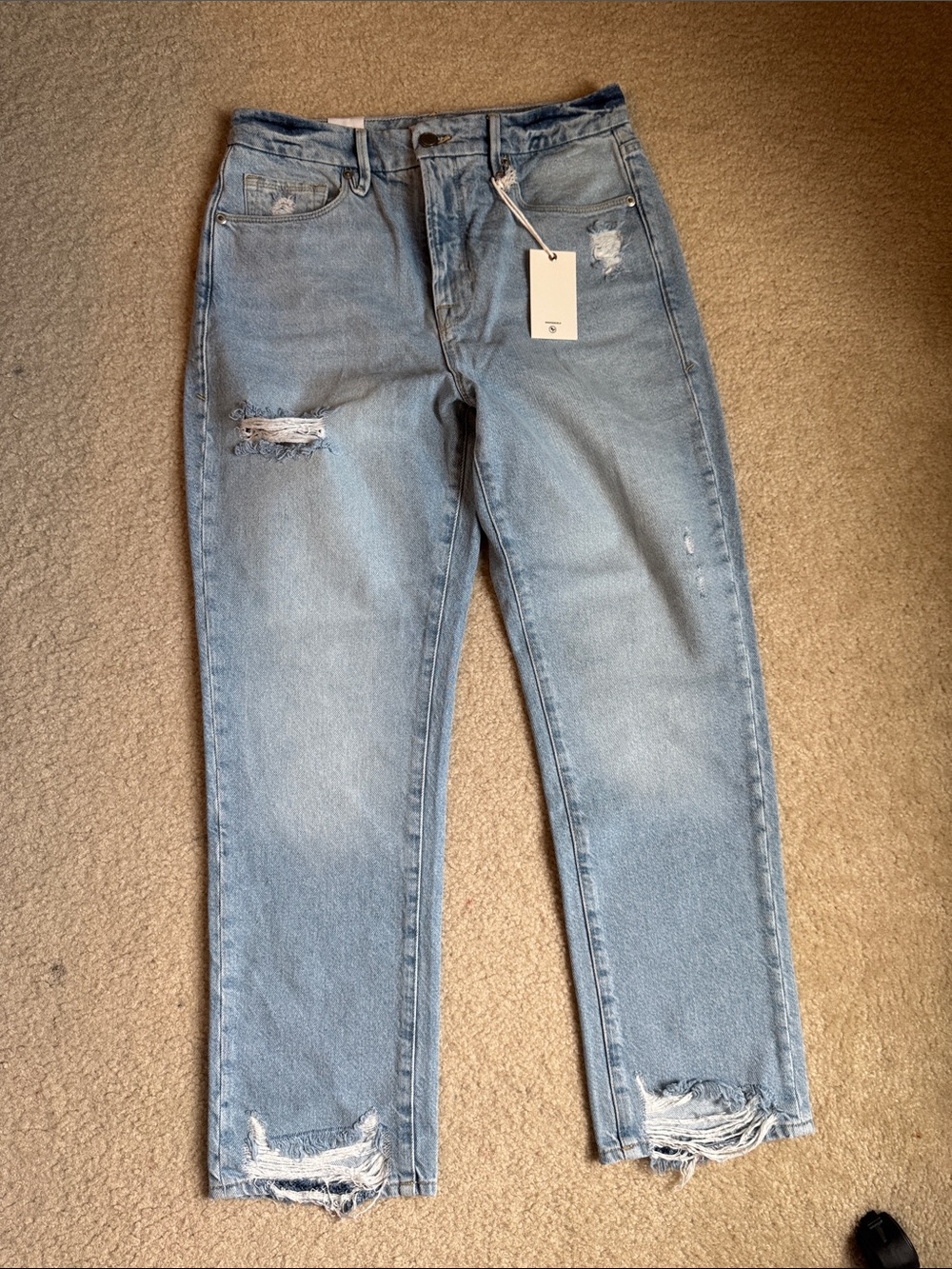 NWT: Good American Good Boy Light Blue Straight Distressed Jeans